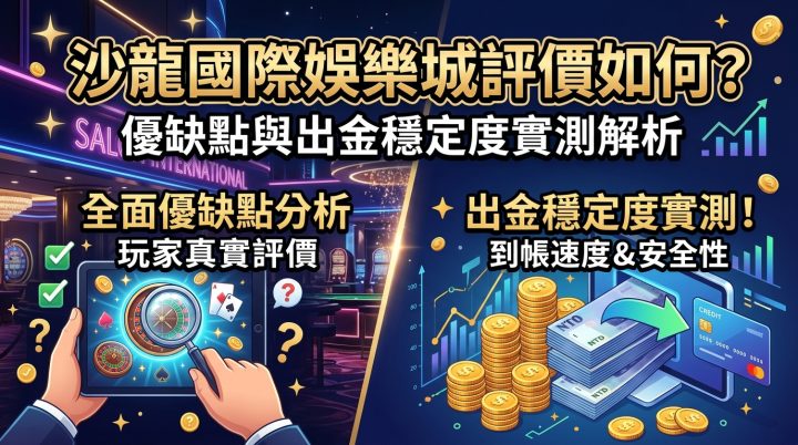 這張圖片是針對文章「沙龍國際娛樂城評價如何？優缺點與出金穩定度實測解析」設計的16:9 SEO縮圖，採用深藍與金黃對比的奢華科技風格。 畫面上方醒目標示繁體中文標題，搭配放大鏡實測評價與金幣、紙鈔到帳的視覺元素，凸顯分析出金穩定度與優缺點的主題。